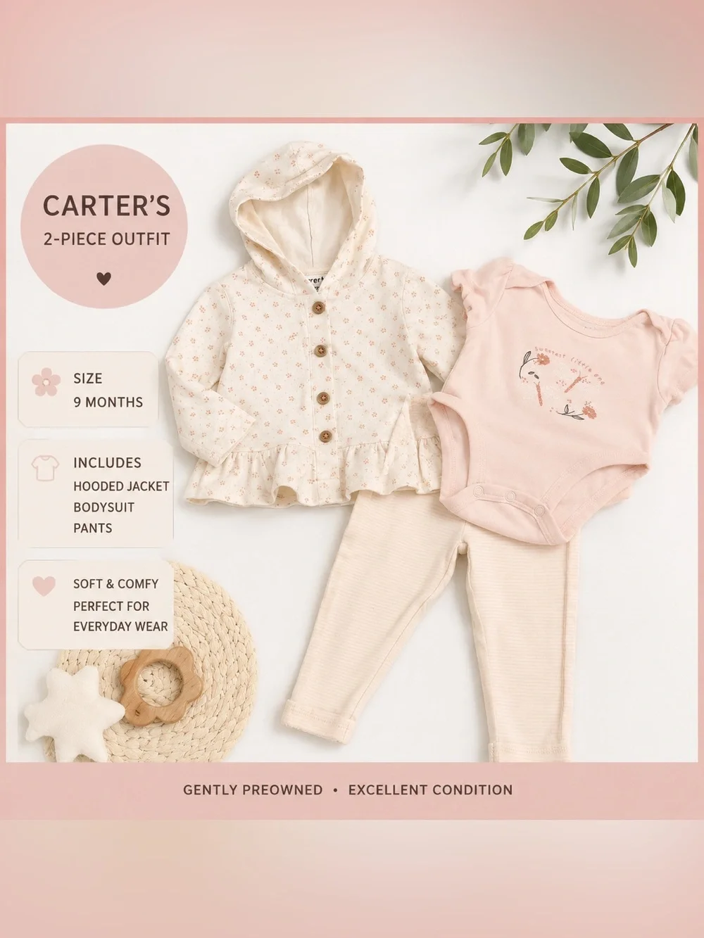 Carter’s 3-Piece Baby Girl Outfit Set | Pink Floral Hooded Top | Size 9 Months